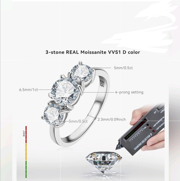 NIB Certified 2CT CENTER, 3 STONE 6CWT Diamond MOISSONITR RING 18kg/925 - Picture 4 of 12